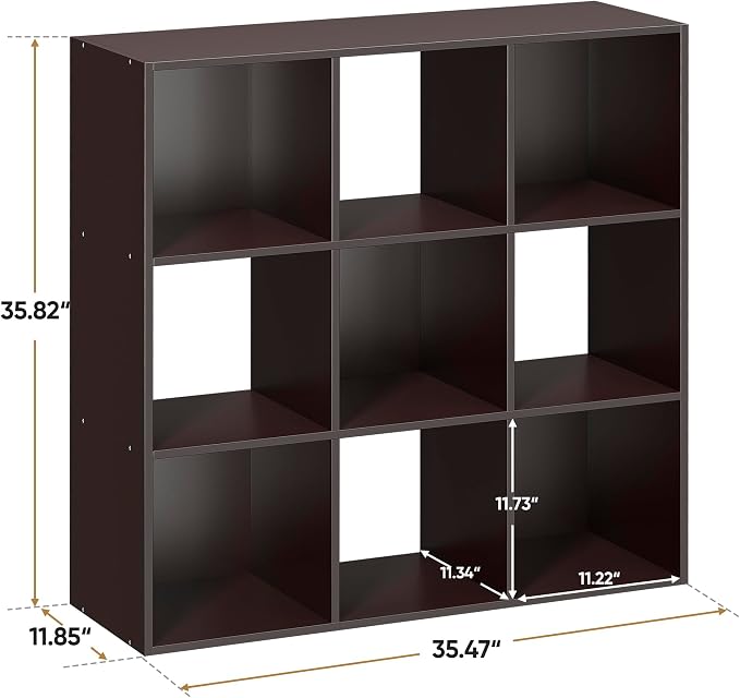 9 Cube Storage Organizer Wooden Display Storage Shelf W/5 Removable Back Panels&11 inch Opening Shelf, Customizable Cubby Bookcase Cabinet Bookshelves for Office, Living Room and Bedroom, Dark Brown