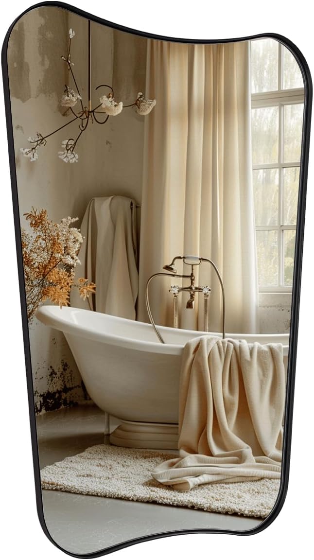 MIRRORTART Contemporary Black Bathroom Wall Mirrors, 24x40'' Asymmetrical Scalloped Butterfly Rectangle Mirror in 1'' Stainless Steel Metal Frame for Home Decor Wall Mounted Vertical Only