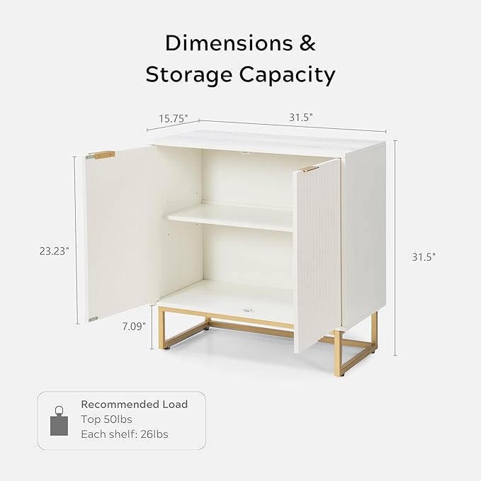 Fluted Storage Cabinets Set of 2, Sideboard Buffet Cabinet Accent Cabinet with Adjustable Shelves, Modern Credenza, Console Table Entryway Cabinets for Living Room, White