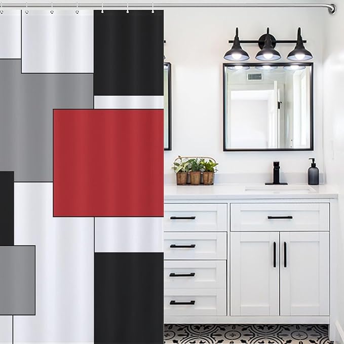 Red Black Shower Curtain,Retro Modern Geometry Minimalist Neutral Design Bathroom Curtain Polyester Waterproof Fabric Decor 66x72in（168x183cm）