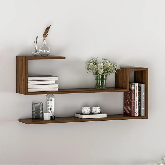 Geometric Wall Shelf: Modern MDF Floating Bookshelf (Walnut)
