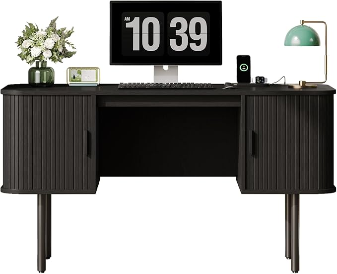 63 Inch Fluted Computer Desk with Power Outlets,Mid Century Wood Office Desk with Storge Cabinets & Sliding Door,Large Executive Desk for Office, Study, Living Room, Bedroom, Black
