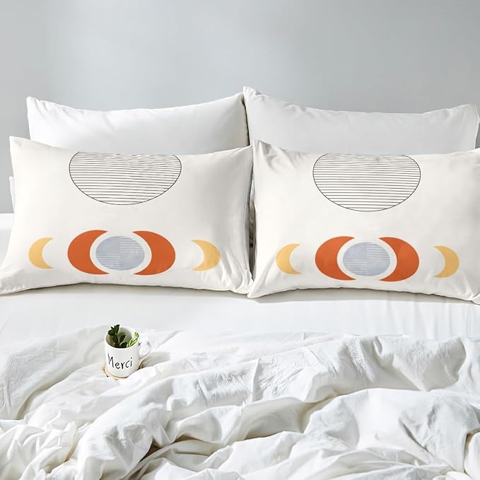 Erosebridal Mid Century Comforter Cover Abstract Moon Bed Set, Striped Duvet Cover Queen Size White Aesthetic Bedding Sets, Retro Minimalism Bedspread Cover Modern Art Bedroom Decor Ultra Soft 3pcs