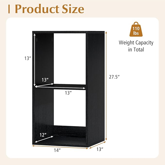 Tangkula 2-Cube Bookcase, 3-Tier Bookshelf with Open Compartments, Freestanding Cube Storage Organizer with Anti-Toppling Kits, Modern Display Shelf for Living Room, Study (1, Black, 2-Cube)