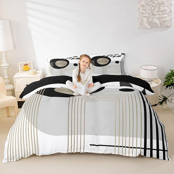 Erosebridal Black and White Abstract Boho Queen Comforter Cover Minimalist Aesthetic Neutral Duvet Cover Mid Century Modern Bed Set Botanical Leaves Geometric Bedding Set