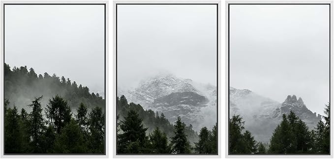 SIGNWIN 3 Piece Framed Canvas Wall Art Foggy Mountains Canvas Prints Home Artwork Decoration for Living Room,Bedroom - 24"x36"x3 White
