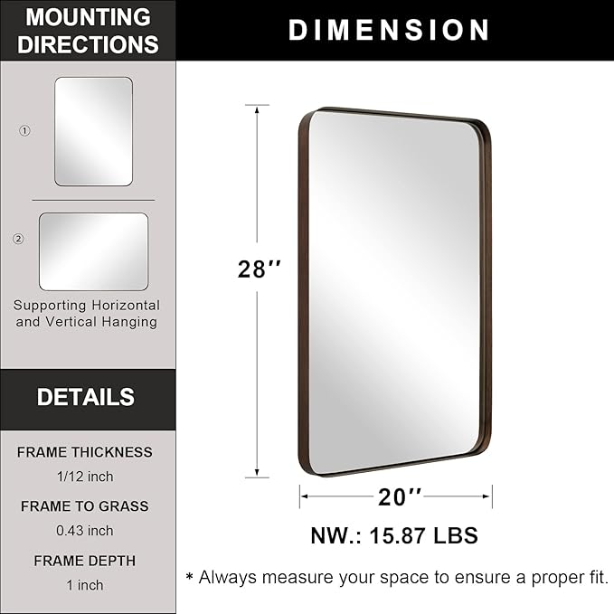 ANDY STAR Wall Mirror for Bathroom, 20”x28”Brushed Bronze Bathroom Mirror, Rounded Rectangle Mirror in Premium Stainless Steel Metal Frame Hangs Horizontal Or Vertical