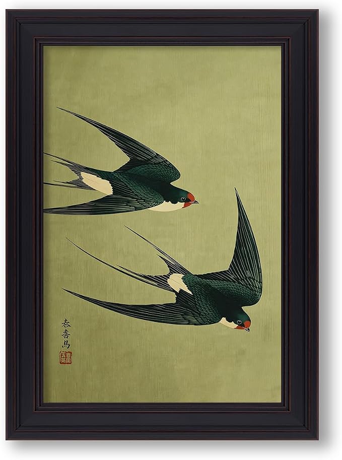 Vintage Framed Japanese Flying Swallow Wall Art Asian Japandi Bird Animal Poster Nature Vintage Green Canvas Prints for Living Room Bedroom Home Decor 24x36 inch