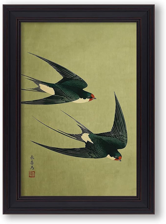 Vintage Framed Japanese Flying Swallow Wall Art Asian Japandi Bird Animal Poster Nature Vintage Green Canvas Prints for Living Room Bedroom Home Decor 24x36 inch