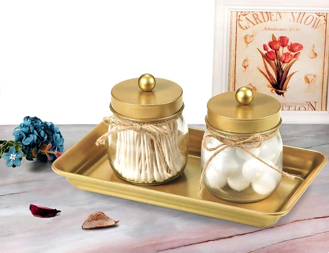Vintage Farmhouse Decor Metal Vanity Tray(2 Pack),Countertop Guest Hand Towel Storage Organizer Tray Dispenser, Sturdy Holder for Perfume,Cosmetics, Jewelry, Makeup Bathroom Organizer（Gold）