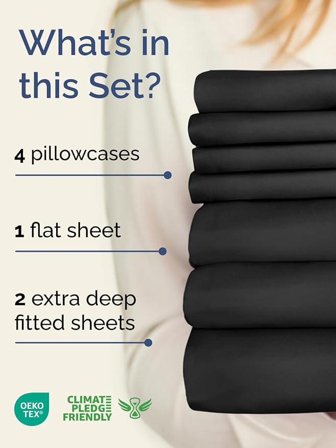 Extra Deep Split King Sheet Set - 7 Piece Breathable and Cooling Sheets - Hotel Luxury Bedding for Women, Men, Kids & Teens - Easy Secure Fit - Soft, Wrinkle Free & Comfy - Extra Deep Pockets - Black