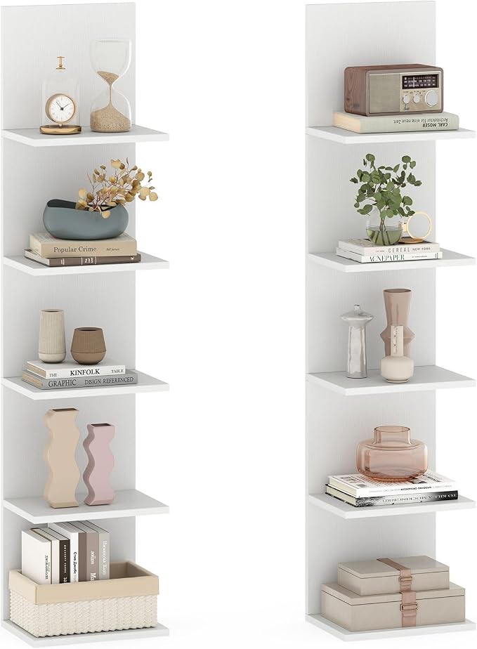 LOKO 5-Tier Wall Shelf, Vertical Column Storage Organizer with Expansion Screws, Decorative Wall Mounted Shelving, Floating Wooden Display Shelf for Living Room, Kitchen, Bathroom (2,White)