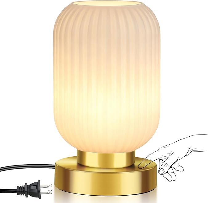 Mid Century Modern Table Lamp with Milk White Ribbed Glass Shade,Touch Control & 3 Way Dimmable, Small Gold, Vintage Bedside Lamp for Bedroom, Living Room,Office (Bulb Included)