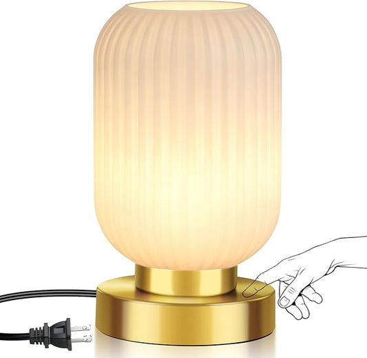 Mid Century Modern Table Lamp with Milk White Ribbed Glass Shade,Touch Control & 3 Way Dimmable, Small Gold, Vintage Bedside Lamp for Bedroom, Living Room,Office (Bulb Included)