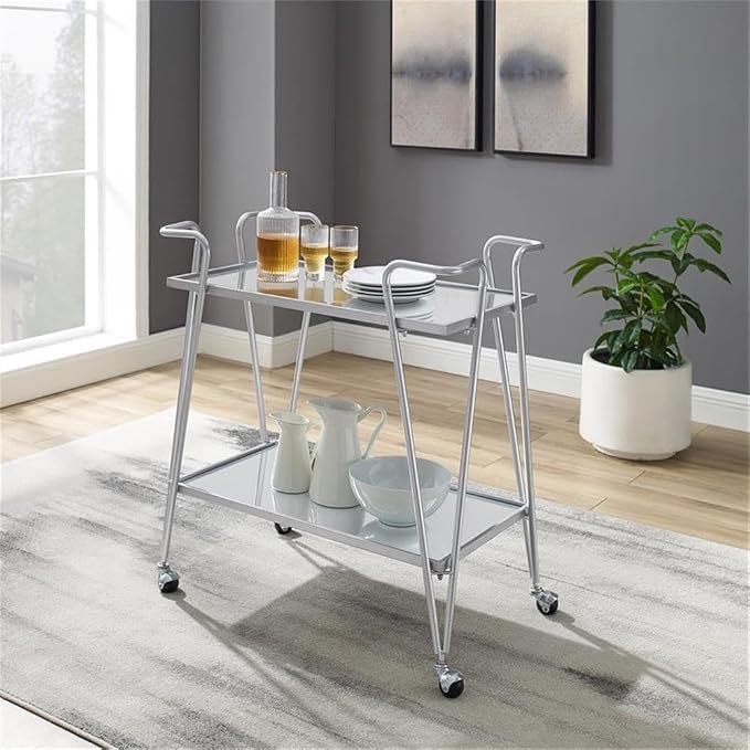 Riverbay Furniture Mid-Century Metal Bar Cart, Silver Chrome Finish, 30" W x 17.25" D x 32.5" H, Mirrored Shelves, Tubular Steel Frame with Locking Casters, Mobile Bar or Meal Service for Home
