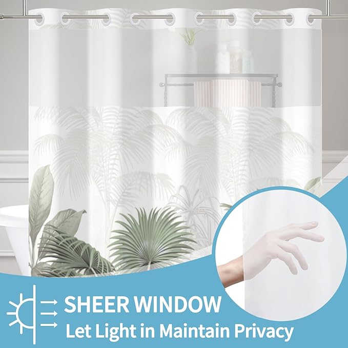No Hook Shower Curtain with Snap in Liner Green Leaves Tropical Shower Curtains for Bathroom Sets Gradient Textured Bath Curtains with Mesh Top Window Fabric Waterproof Washable 71x74 Inch