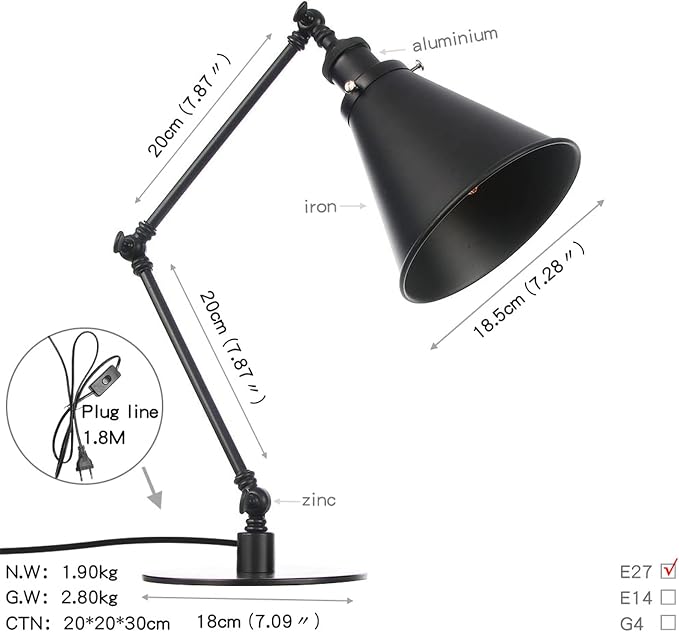 Makeup Vintage Desk Lamp, Industrial Metal Task Table Lamp with Adjustable Swing Arm, Bedroom Bedside Night Light Cafe Antique Reading Lighting,Black