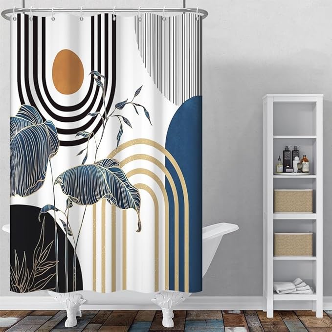 Mid Century Boho Shower Curtain for Bathroom Modern Abstract Minimalist Bathroom Decor Set Blue Gold Leaf Sun Arch Bathtub Curtains Machine Washable Waterproof Polyester Fabric with Hooks 36x72 Inch