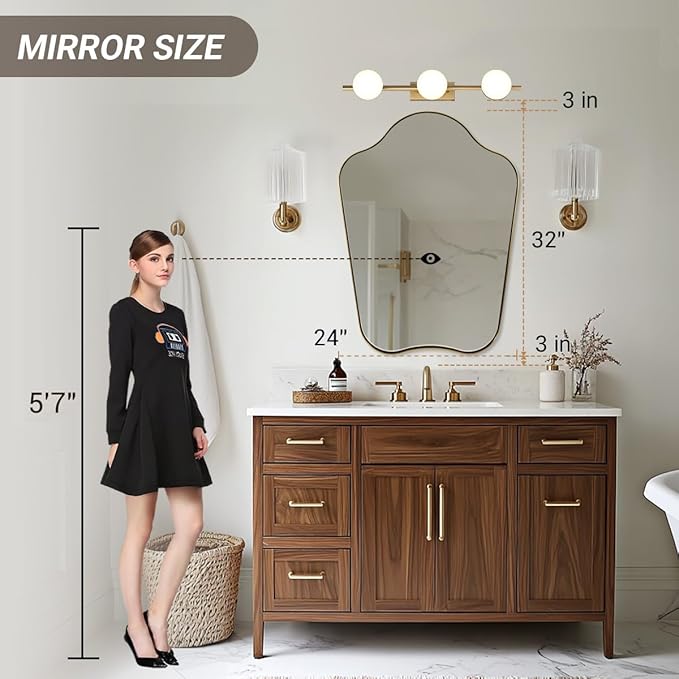 ANDY STAR 24x32 Gold Mirror, Brushed Brass Scalloped Mirror with Curved Design, Irregular Wall Mirror for Bathroom, Vanity, Powder Room, Stainless Steel Frame, Anti-Rust