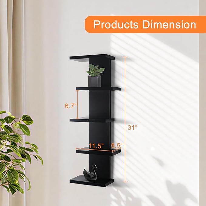 VIWODS 5 Tier Wall Shelf Unit-Black Floating Shelves for Home Decor, Modern Unique Asymmetric Design for Bedroom & Living Room Storage