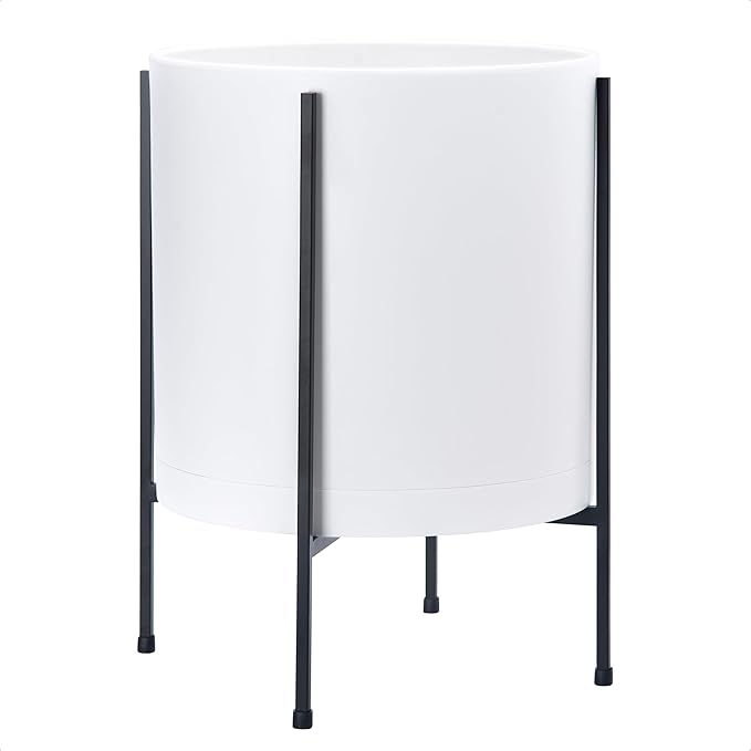 D'vine Dev 14 Inch White Planter Pot with Stand – Modern Plastic Cylinder Flower Pot with Heavy-Duty Metal Stand for Indoor Plants, 55-D-A-4