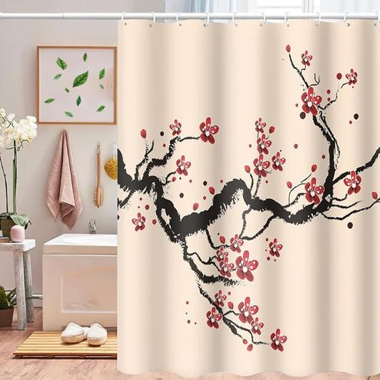 Cherry Blossom Shower Curtain Chinese Traditional Antique Ink Painting Art Plum Floral Shower Curtains Bathroom Accessories Waterproof Polyester Fabric with Hooks, 72 x 84 Inch