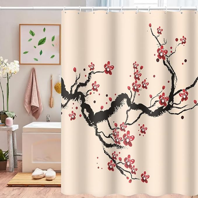 Cherry Blossom Shower Curtain Chinese Traditional Antique Ink Painting Art Plum Floral Shower Curtains Bathroom Accessories Waterproof Polyester Fabric with Hooks, 72 x 78 Inch