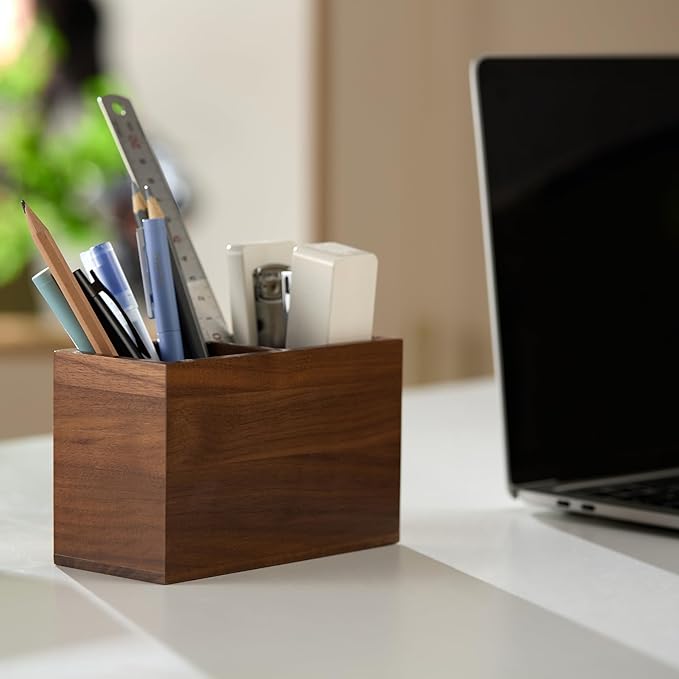 KORUA Walnut Pencil Holder (Double Slots) Wood Pen Holder for Desk