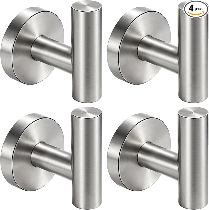 Nolimas Bathroom Towel Hooks, SUS 304 Stainless Steel Coat Hook Round Clothes Towel Coat Robe Hook Cabinet Closet Door Sponges Holder for Bath Kitchen Garage Hotel,Wall Mounted, Brushed Nickel, 4Pack