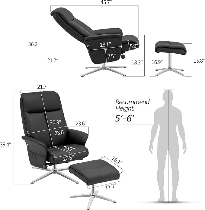 MCombo Swivel Recliner with Ottoman, Modern Heavy-Duty Aluminum Base, Faux Leather Lounge Chair for Small Space, Living Room, or Office 4603 (Black)