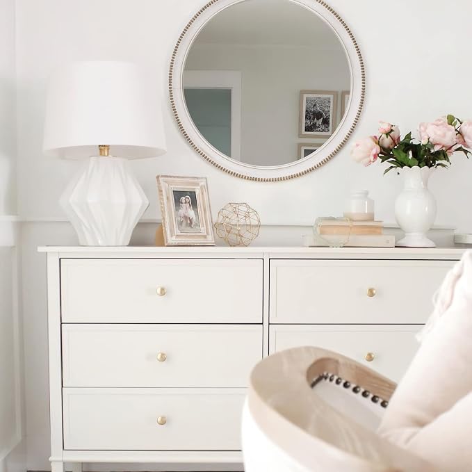 sawsile Round Wood Mirror,28 inch Circle Rustic Farmhouse White Wooden Frame Boho Beads Wall Mirror for Bathroom,Living Room,Bedroom or Entryway