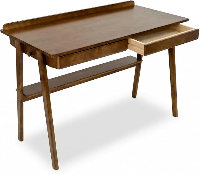 Solid Wood Writing Desk, Mid-Century Modern Home Office Desk with 2 Drawers Storage Shelf & Side Hooks, Compact Study Desk for Small Spaces in Bedroom Office (Walnut)