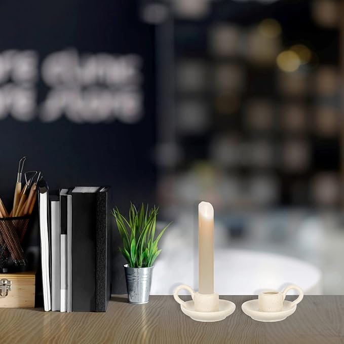 DOITOOL 2Pcs Ceramic Candle Holder Candlestick Holder with Handle, Taper Candle Stand Candlelight Stand Holder Decorative Candle Display Holder for Desktop Dining Room Home Decoration Display (Beige)