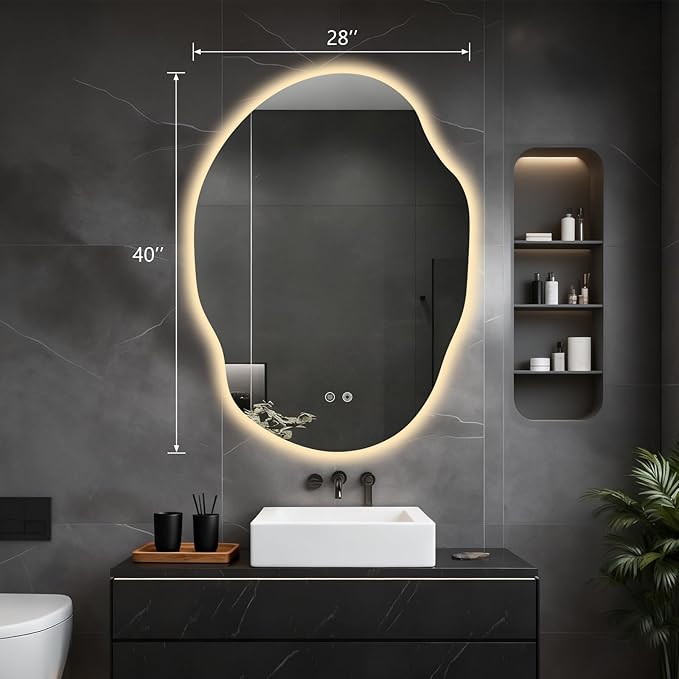 Asymmetrical Bathroom Mirror with Lights,Irregular LED Bathroom Vanity Mirror with Backlit,Anti-Fog,3 Colors and Dimmable Light with Memory,Hardwired Supported[Horizontal/Vertical] 40" H x 30" W