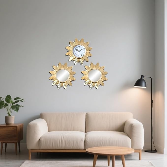3 Pcs Gold Retro Sunburst Wall Decor Set, 9.8 In Clock And Mirror, Vintage Art, Lightweight, Simple Installation