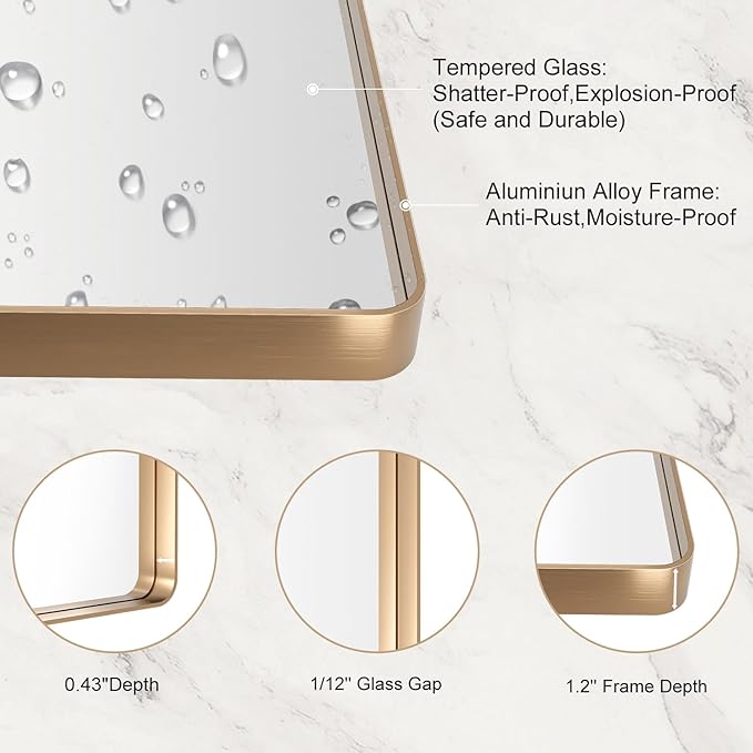 LOAAO 48”X32” Gold Bathroom Mirror, Rounded Rectangle Gold Frame Mirror, Brushed Gold Bathroom Vanity Mirror Wall-Mounted, Anti-Rust, Tempered Glass, Hangs Horizontally or Vertically