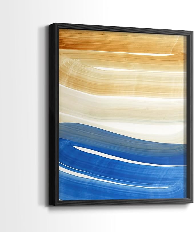 Renditions Gallery Set of 2 Peel & Stick Framed Prints, Abstract Wall Art, Blue and Gold Wave Textured Background Wall Decor, Re-Stickable - Ready to Hang - 22"x28" - Black Frame LT588
