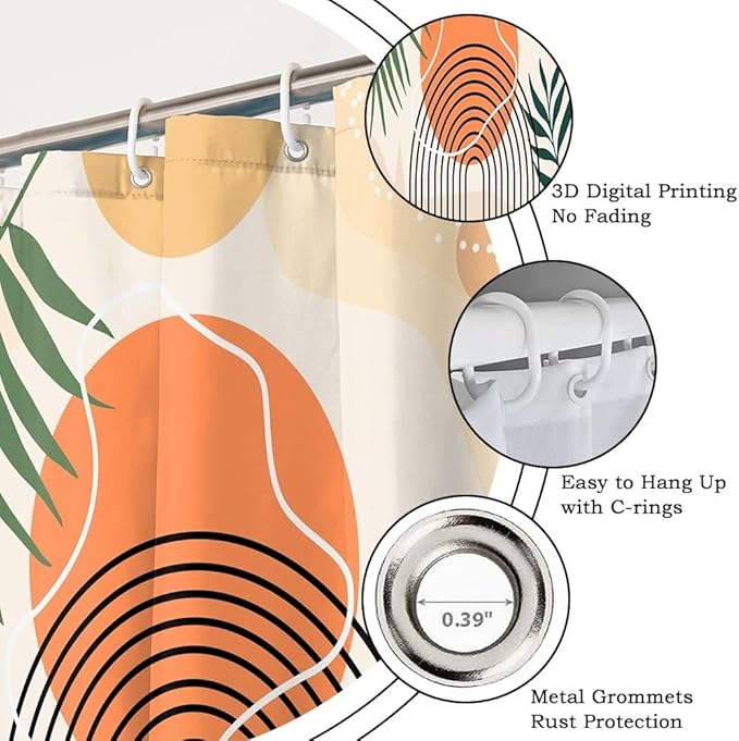Modern Boho Shower Curtain for Bathroom Abstract Minimalist Bathroom Decor Set Green Leaves Arch Stripes Orange Sun Bathtub Curtains Machine Washable Waterproof Polyester Fabric with Hooks 48x72 Inch
