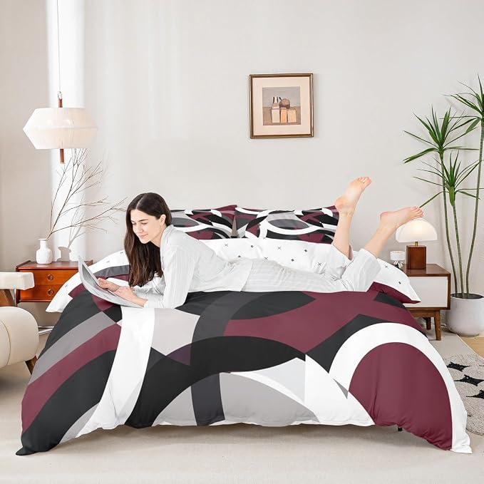 Geometric Circle Bedding Set Girls Boys Kids Modern Retro Grommet Comforter Cover Grey Red Black Stripe Line Art Duvet Cover Room Decor Abstract Stripes Swirl Bed Set Queen Size 3Pcs (No Comforter)