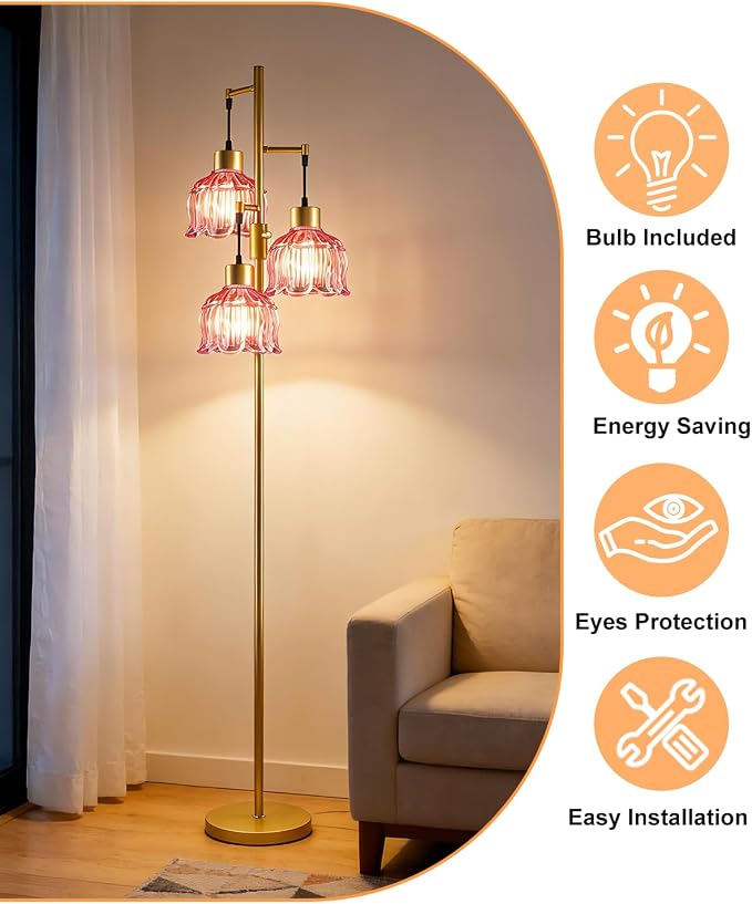 3-Light Modern Glass Floor Lamp, Gold Standing Tall Lamp with Deep Red Vertical Rib Glass Shade, Dimmable LED Floor Lamp with 5Lbs Heavy Base for Living Room Bedroom Home Decor, Bulb Included