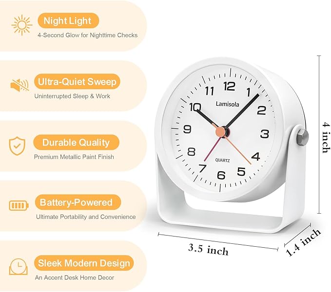 Lamisola 3.5 Inch Small Desk Alarm Clock, Battery Operated Analog Silent Clock with Night Light, Retro Vintage Metal Bedside Clock for Bedroom, Office, Bathroom, Dorm, Shelf, Table - White