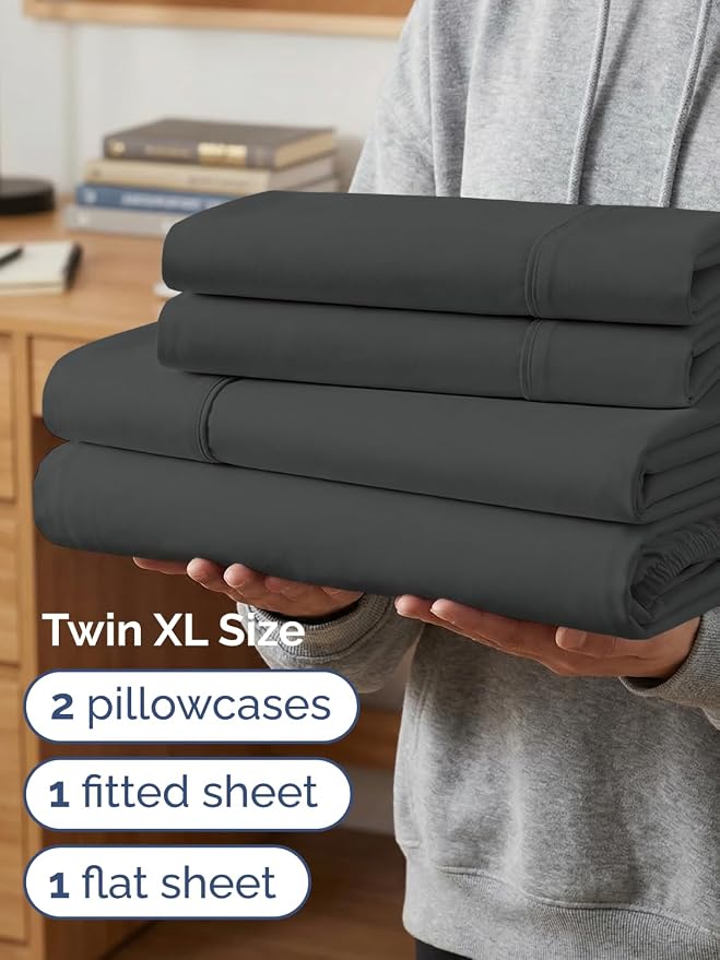 Extra Deep Twin XL Sheet Set - 4 Piece College Dorm Bed Sheets Set with Extra Deep Pockets - Ultra-Soft, Comfy & Breathable Bedding for Women, Men, Kids & Teens - Wrinkle & Fade Resistant - Charcoal
