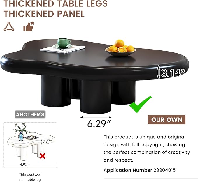 46.06" Black Large Cloud Coffee Table, Modern Round Edge Coffee Table with 4 Sturdy Support Legs and 2.67" Thick Tabletop,Easy Match for Living Room, Bedroom, Balcony,Patio