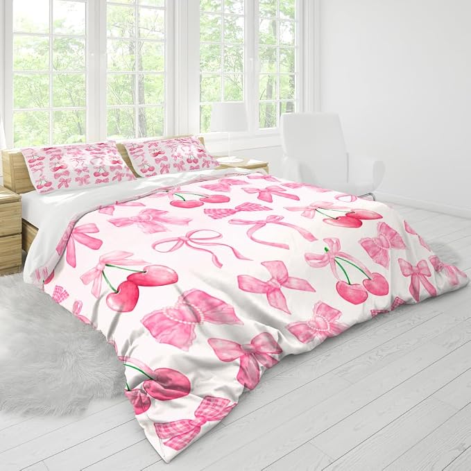 Pink Bowknot Bows Duvet Cover Bed Covers Set Twin Size,Dreamy Princess Style Kids Girls Super Soft Microfiber Bedding Set for Adults Teens Pink Cherry Bow Bedding Set Coquette Decor 68"x88"