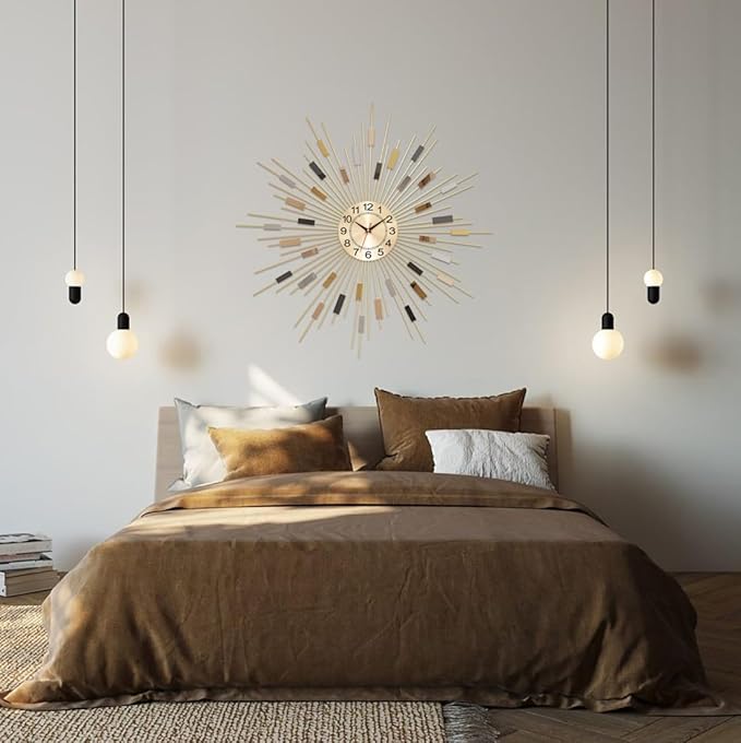 Starburst Round Wall Clock Decor 24" Silent Battery Operated, Mid Century Modern Metal Decorative Wall Clock for Living Room Bedroom Office