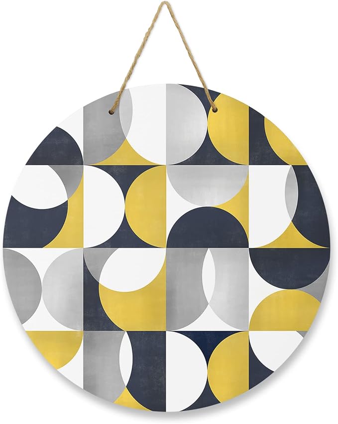Welcome Sign for Front Door Mid Century Geometric Wood Door Hanger for Outdoor Outside Porch,12 Inch Round Wooden Wreath Indoor Wall Hanging Decoration, Abstract Modern Yellow
