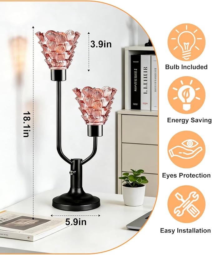 Lightdot Mid Century Modern Table Lamp Dimmable Red Glass Desk Lamp Vintage Black Nightstand Lamp 2 Bulbs Included Warmwhite Ambient Bedside Lamps for Living Room Bedroom Girls Room Home Office Decor