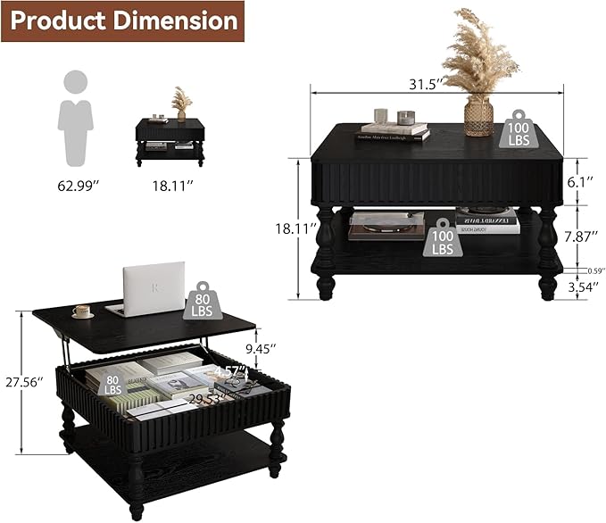 31.5 Inch Square Lift Top Coffee Table with Hidden Storage, 2 Tier Wooden Square Fluted Coffee Table with Open Shelf & Sculpted Legs, Retro Center Table for Living Room, Apartment, Home Office, Black