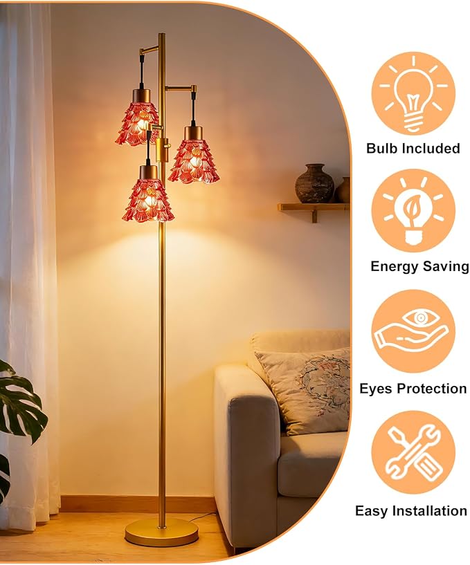 Lightdot 67" Glass Floor Lamps for Living Room, 3-Light Dimmable Floor Lamp with Rose Red Glass Shade& Bulbs Included, Mid Century Standing Tall Lamp with 5Lbs Heavy Base for Bedroom/Sofa Beside-Gold