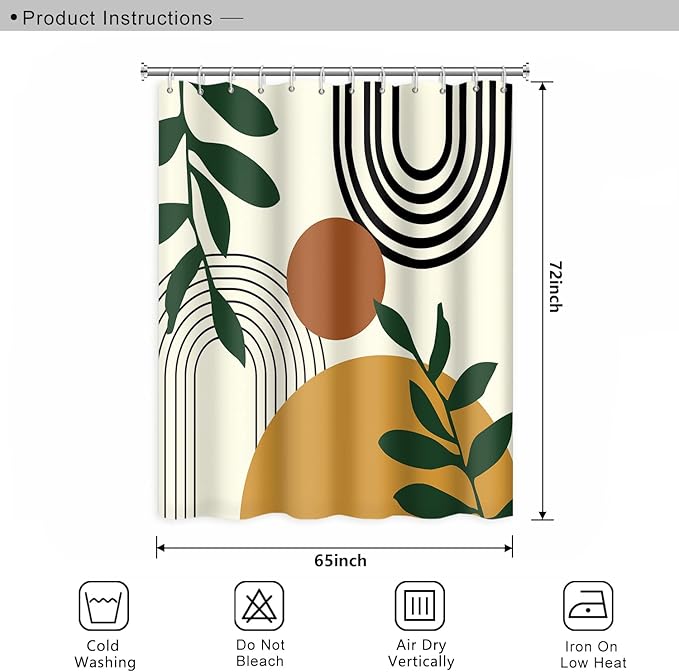 Abstract Mid Century Bohemian Bathroom Shower Curtain Orange Sun Green Eucalyptus Leaves Arch Shower Curtain with Hooks Waterproof Fabric Polyester Shower Curtain Home Decor, 65x72 Inch